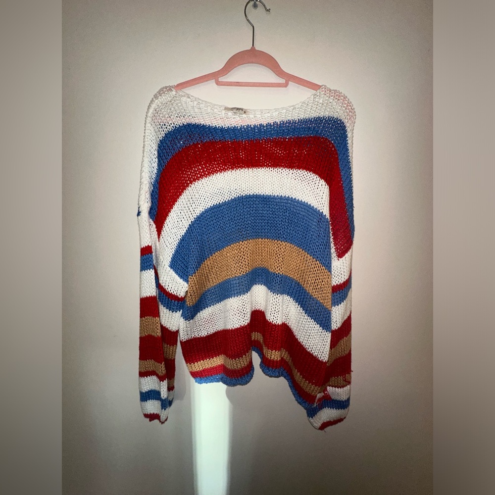 Red white blue and tan striped knit crochet sweater XL